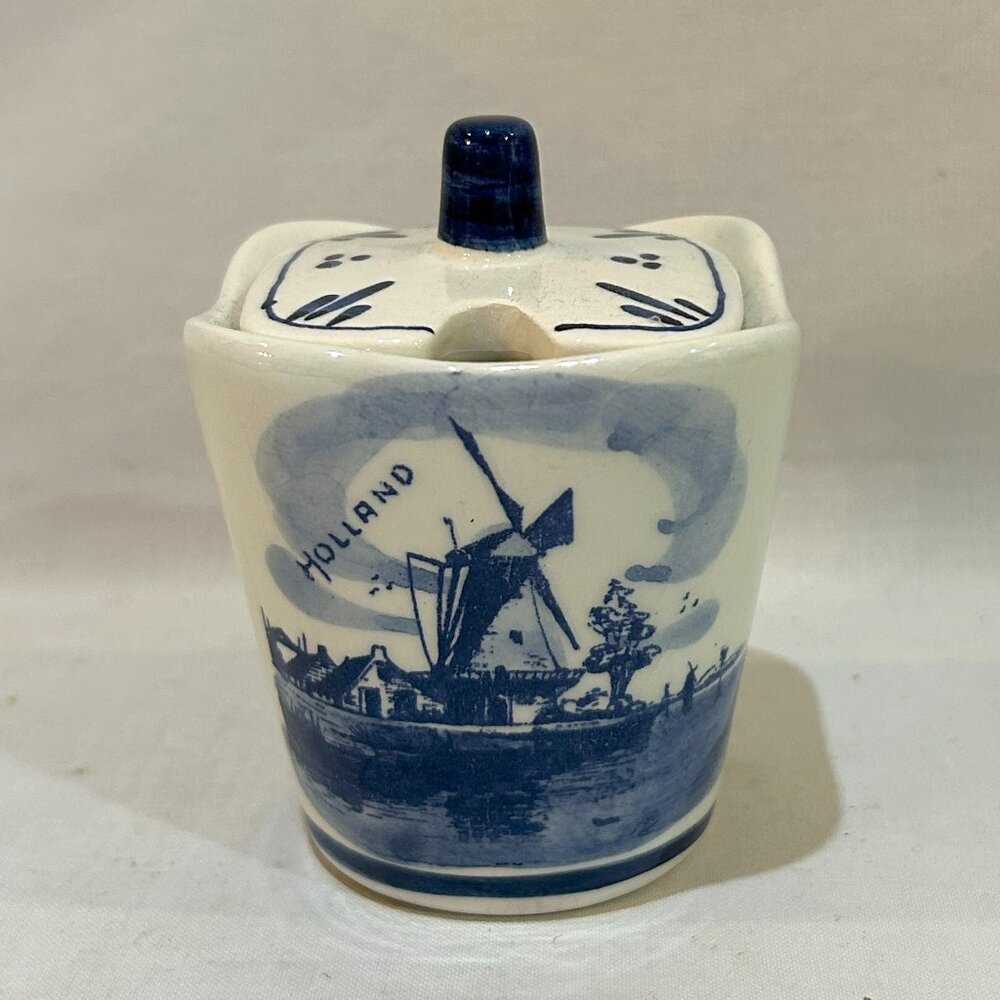VTG Delft Blue Holland Hand Painted Windmill Floral Lidded Jam/Condiment Jar
